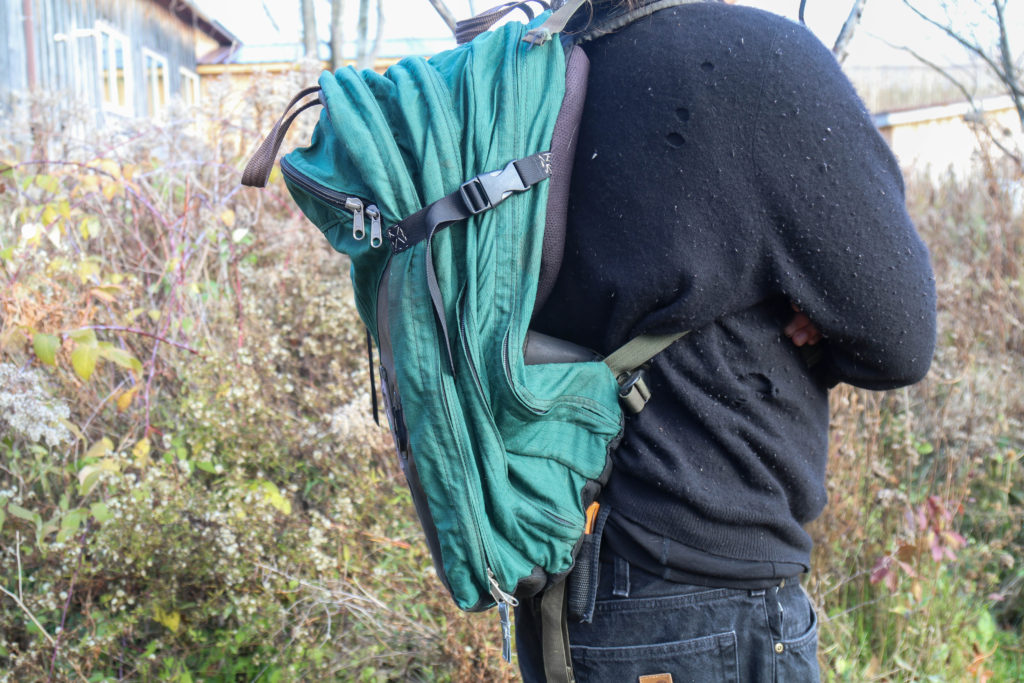 First aid bag worn to show size